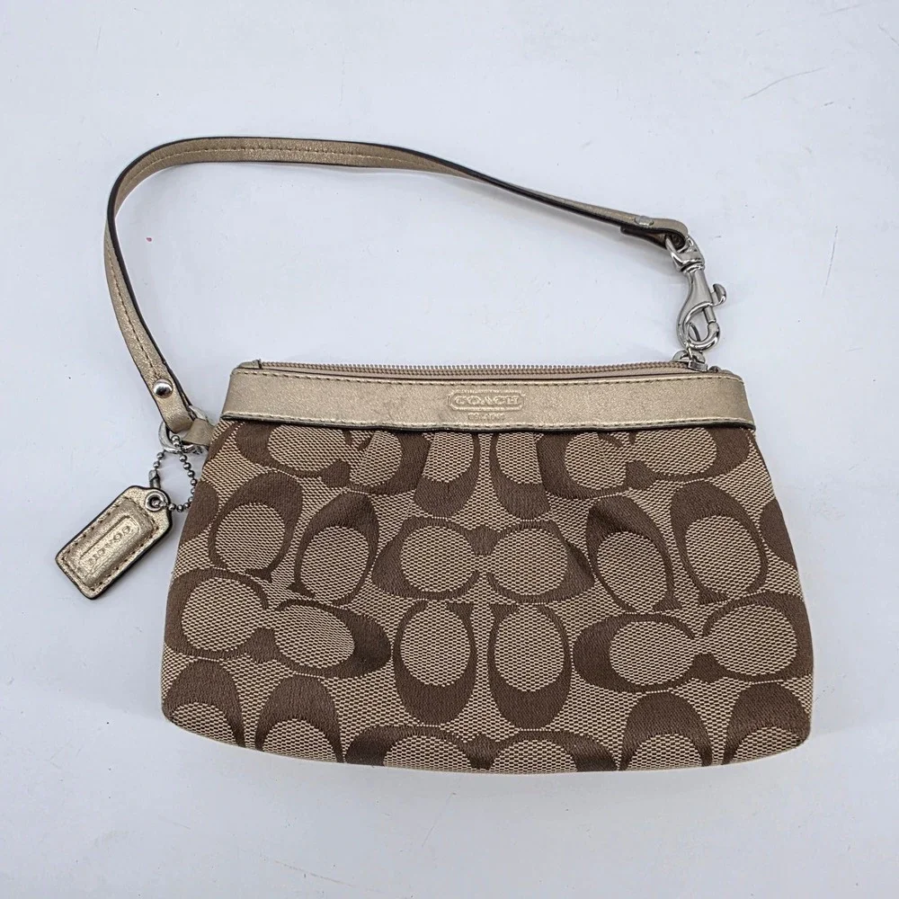 Coach Signature Canvas Metallic Gold Trim Wristlet Small Handbag Bag
